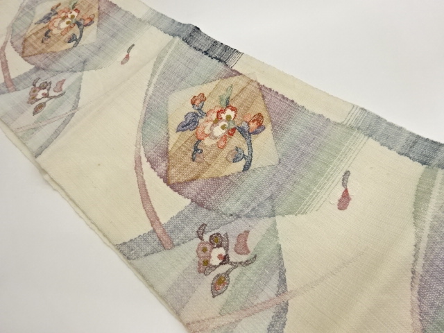 手織り真綿紬菱に花葉・幾何学模様織出し名古屋帯